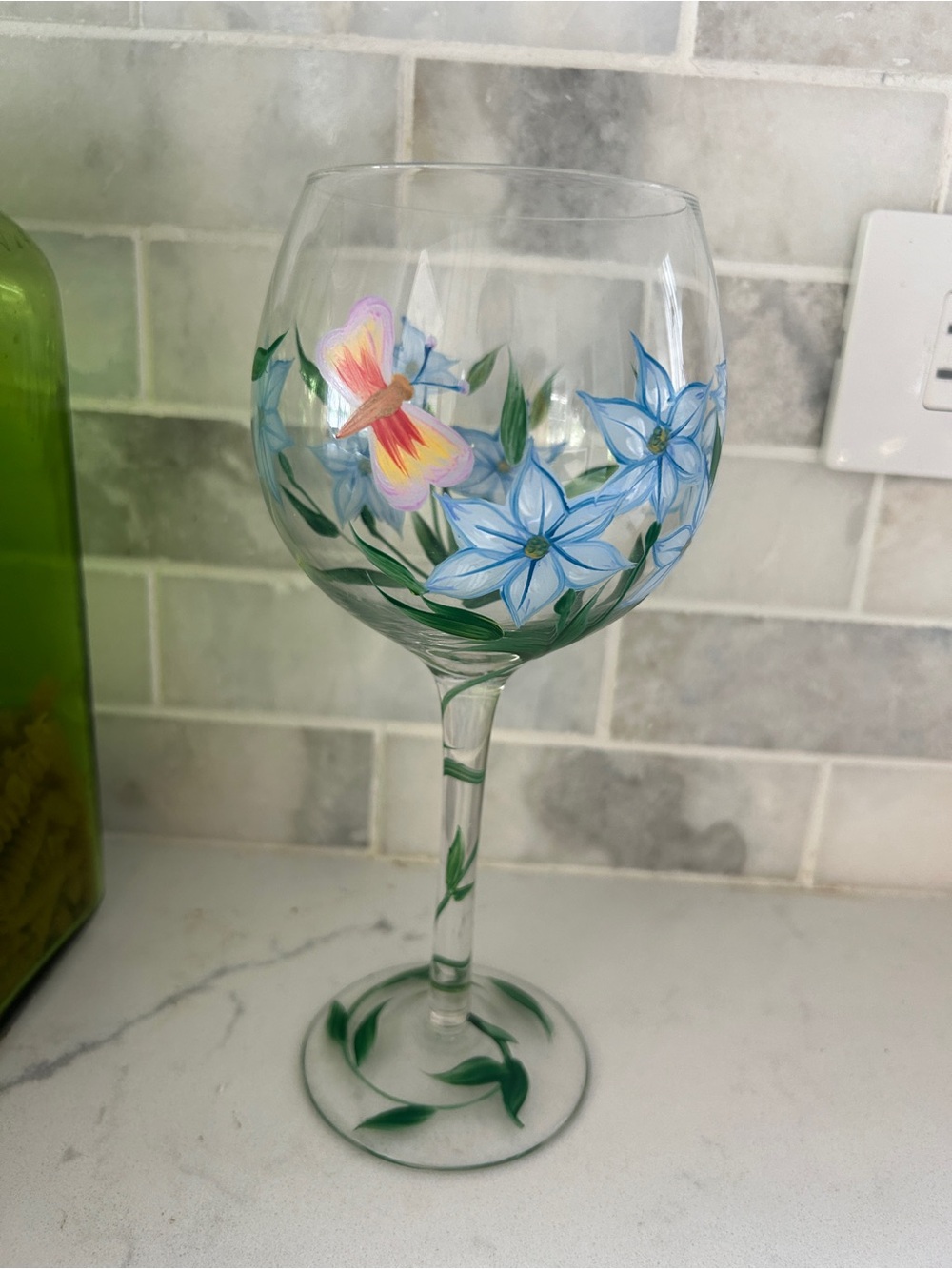 Hand-Painted Blue Floral & Butterfly Wine Glass